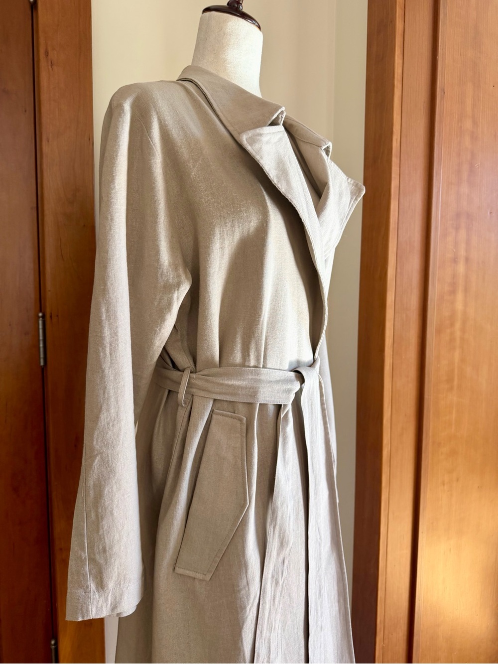 Tahari Beige Linen Blend Trench Coat with Belt - Picture 6 of 8